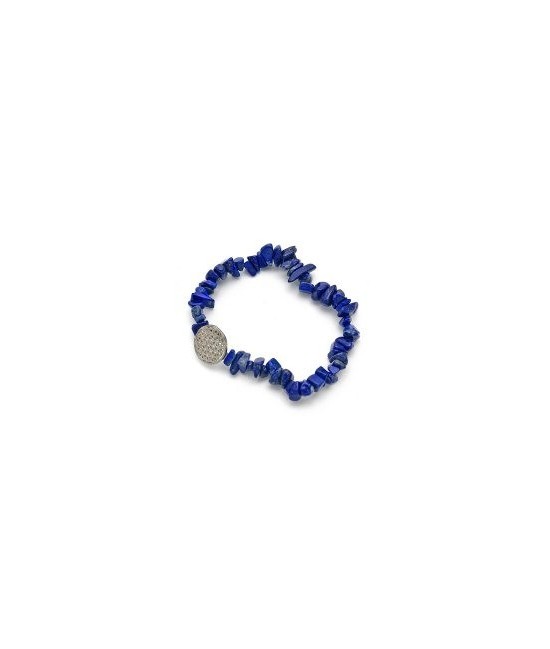 Pulsera elastica de Lapislazuli en chip, con amuleto metalico de la Flor de la Vida