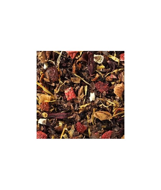 cáscara de cacao*, cáscara de escaramujo*, trozos de manzana*, flor de hibisco*, cáscara de naranja*, aroma natural, pedacitos 
