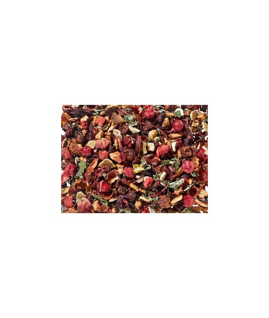 cáscara de escaramujo*, trozos de manzana*, flor de hibisco*, cáscara de naranja*, aroma natural, hojas de frambuesa*, grosella