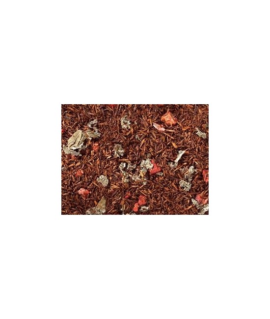 té de rooibos*, aroma natural, pedacitos de fresa liofilizada*, hojas de frambuesa*, * de cultivos orgánicos controlados
