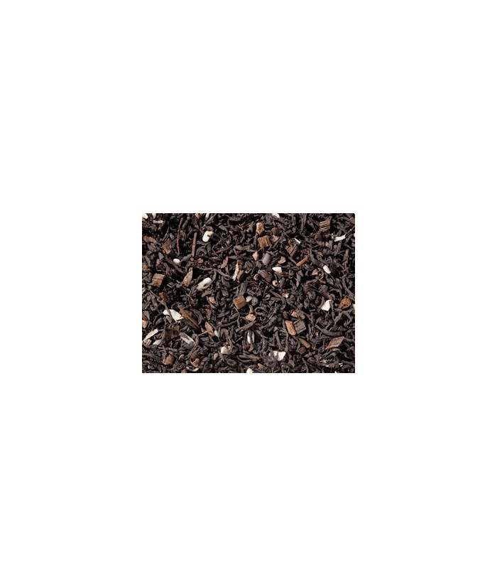 Té negro (80%), rayadura de cacao, aroma, trozos de vainilla, plaquitas de chocolate blanco (azúcar, manteca de cacao, leche en
