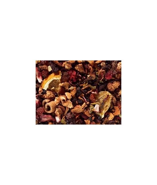 trozos de manzana, flor de hibisco, saúcos, cáscara de escaramujo, muérdagos, barras de canela, aroma (apio), rodajas de naranj