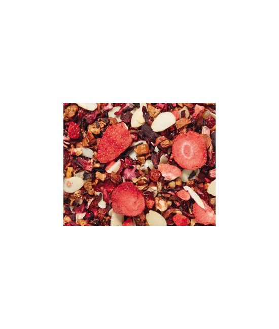 trozos de manzana, flor de hibisco, cáscara de escaramujo, cubitos de piña (piña, azúcar), trocitos de almendras, pedacitos cro