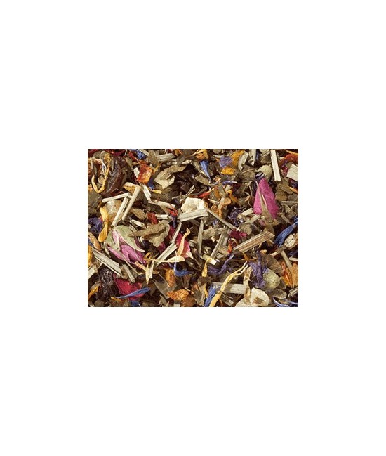 sultanas, trozos de manzana, cubitos de mango (mango, azúcar), citronela, cáscara de escaramujo, flor de hibisco, cáscara de na