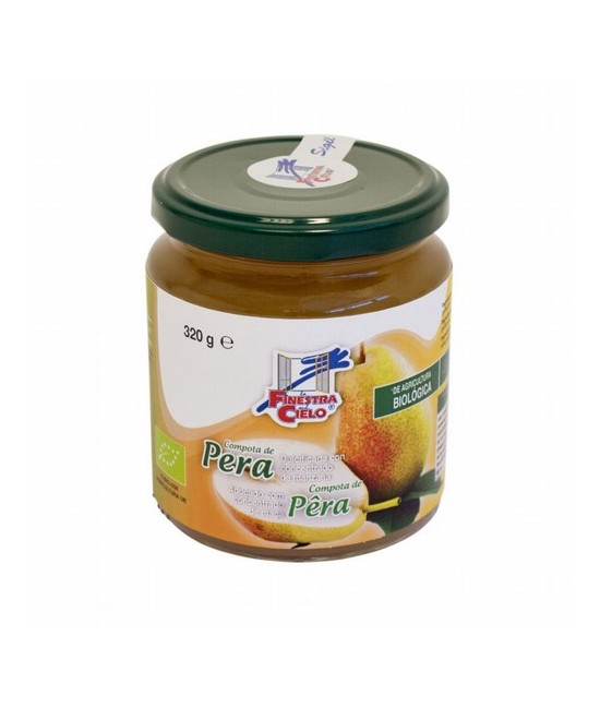 Compota de pera procedente de agricultura ecológica certificada. Obtenida de la cocción de la fruta y su mezcla con concentrado
