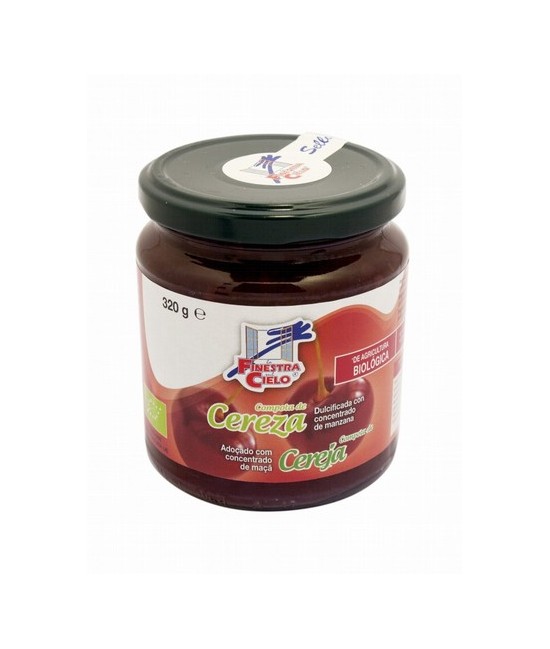 Compota de cereza procedente de agricultura ecológica certificada. Obtenida de la cocción de la fruta y su mezcla con concentra