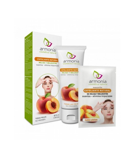 Fórmula estudiada para exfoliar de forma natural la piel mediante finos gránulos de hueso de melocotón que, por arrastre, elimi