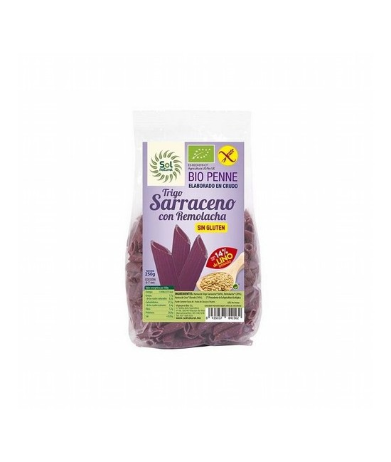 PENNE TRIGO SARRACENO CON REMOLACHA Y LINO SIN GLUTEN BIO 250 G SOL NATURAL   Ingredientes: Harina de Trigo Sarraceno* 66%, Rem