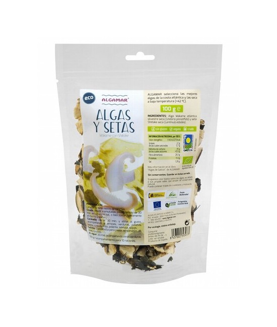 Algas y setas  100g
100 g = Guarnición para 10 raciones

Algas Wakame atlántica silvestre (Undaria pinnatifida) y seta Shii