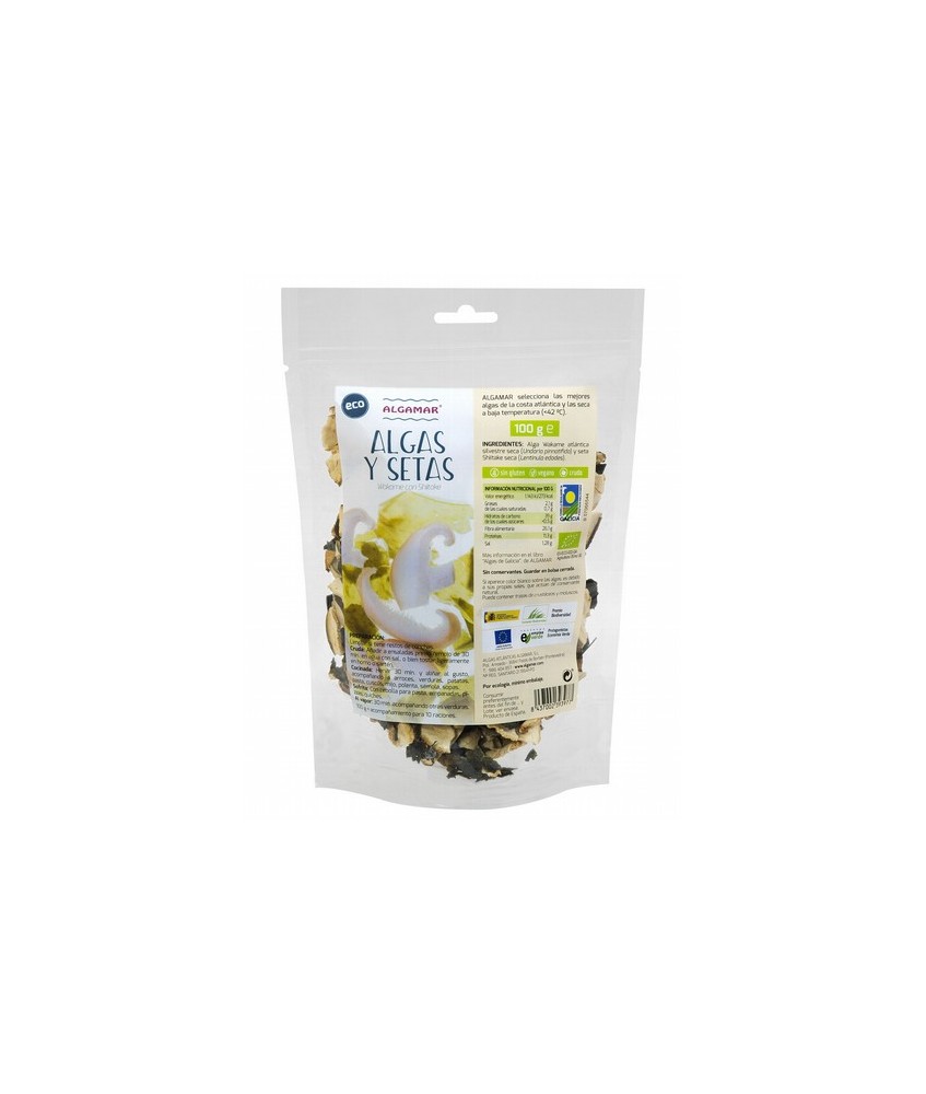 Algas y setas  100g
100 g = Guarnición para 10 raciones

Algas Wakame atlántica silvestre (Undaria pinnatifida) y seta Shii