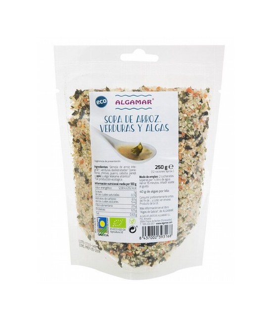Sopa de arroz, verduras y algas  250g / 500g
Contiene 40g de algas por Kilo

Sémola de arroz integral, verduras deshidratad