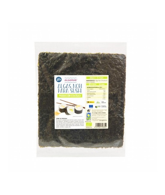 ALGA NORI PARA SUSHI BIO 25 G ALGAMAR 
*con certificación ecológica 
(Porphyra )
Es un alga de pequeño tamaño y muchos plieg