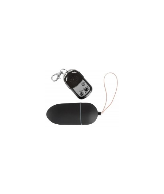 Huevo vibro negro con mando a distancia inalámbrico. 10 ritmos vibrantes. 10 cm de bucle de recuperación. 8 cm de longitud, Ø 3