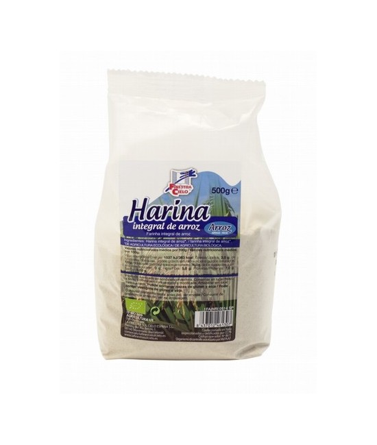 Harina integral de arroz elaborada en atmósfera protegida para asegurar su conservación. Procedente de agricultura ecológica, e
