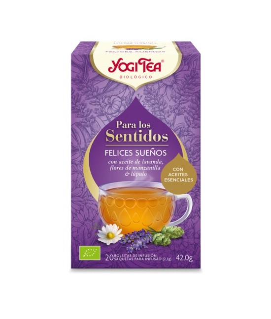 YOGI TEA® Felices Sueños invita a dejarse caer en el mundo de los sueños. El placer del aceite esencial de lavanda junto con la