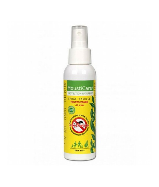Protege la familia completa en cualquier situación. El spray familiar de MoustiCare contiene un potente repelente natural: p-Me
