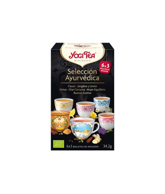 Nuestra Selección Ayurvédica contiene 3 bolsas de cada: Classic · Jengibre y Limón · Detox · Chai Cúrcuma · Mujer Equilibrio · 