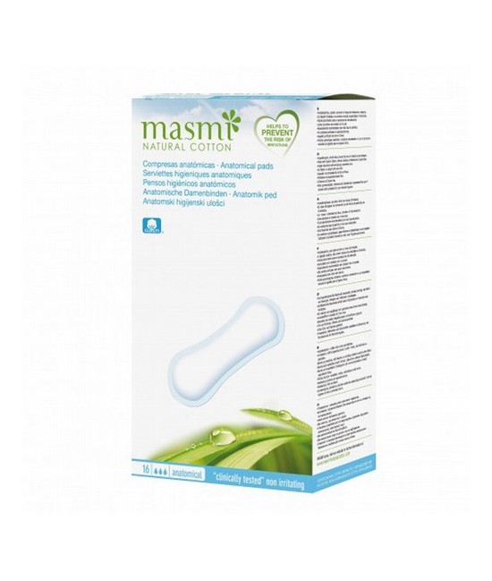 COMPRESAS ANATOMICAS 100% ALGODON BIO 16 UD MASMI
Especialmente recomendadas para todo tipo de pérdidas
Núcleo absorbente de 