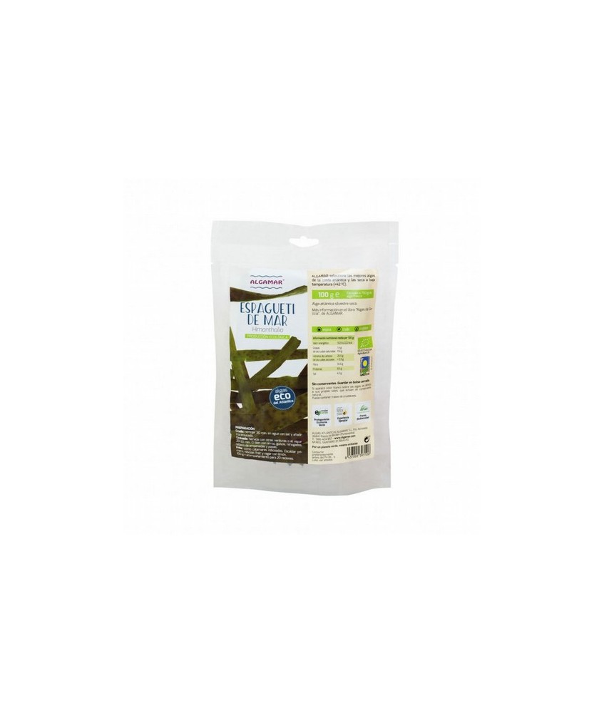 ALGA ESPAGUETI BIO 100 G ALGAMAR
(Himanthalia)
*con certificación ecológica 
Sus formas alargadas y estrechas dan el nombre 