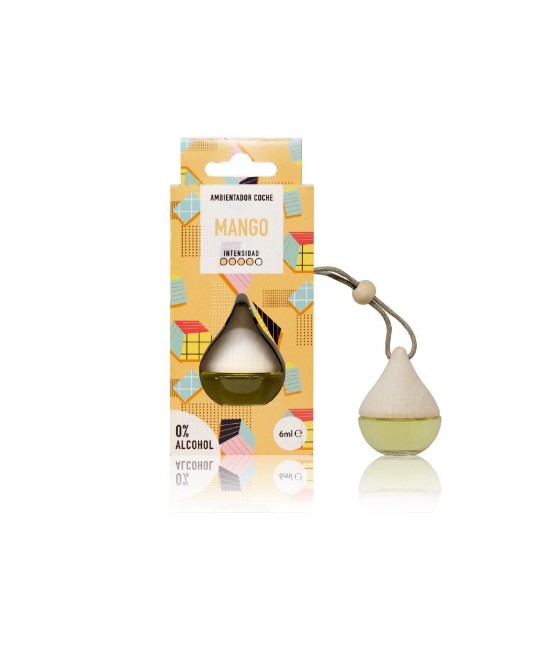 El ambientador coche Drop Mango perfuma coches, armarios y taquillas con un aroma frutal con una intensidad de 4 puntos sobre 5