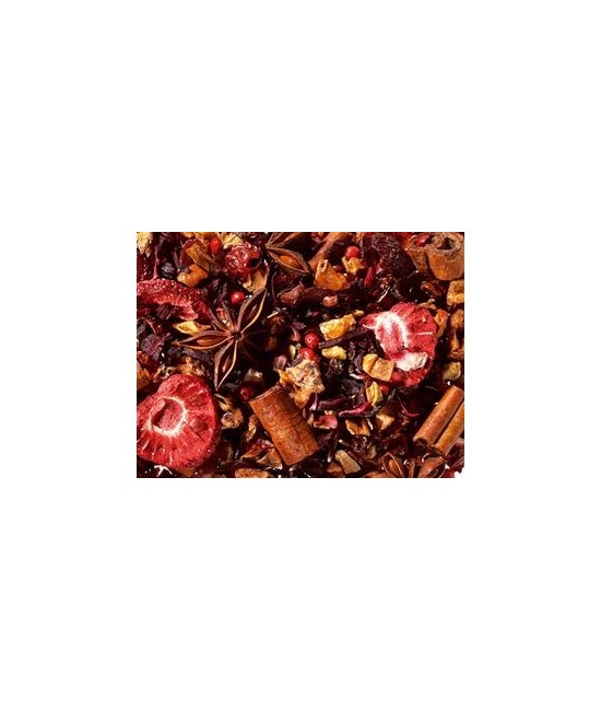 trozos de manzana, flor de hibisco, cáscara de escaramujo, barras de canela, estrella de anís, trocitos de jengibre, pimienta e