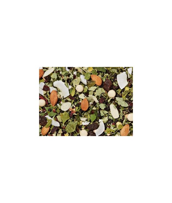sultanas, flor de hibisco, saúcos, hojas de moringa, pepa de albaricoque, chips de coco, almendra rayada, aroma, Gotas de mazap