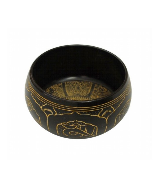 Cuenco tibetano de aluminio pintados con caracteres tibetanos. 
Medida 13.5 X 8.5CM.
Incluye bastón de madera.
El color y el