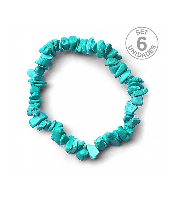 Pulsera de Howlita en piedras chip engarzadas en silicona elástica.
Presentada en percha de cartón con nombre de mineral y su 