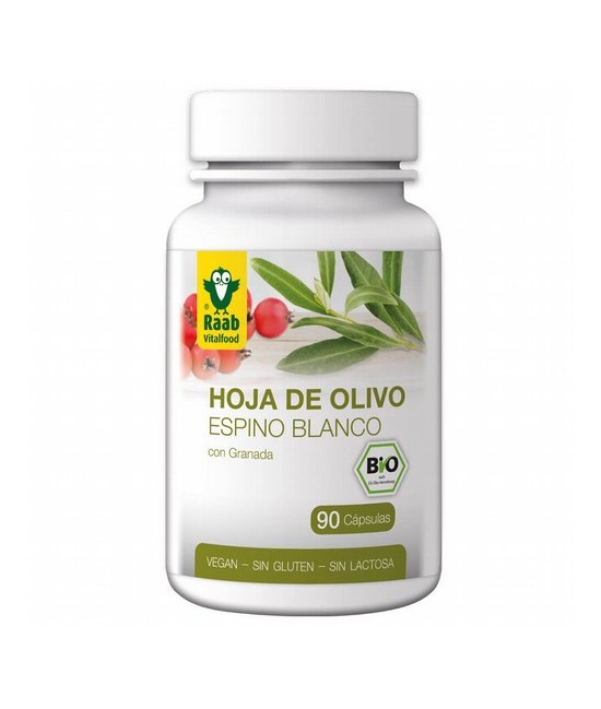 Las cápsulas de hoja de olivo y espino blanco Bio de Raab contienen hojas de olivo en polvo de primera calidad y extractos vege