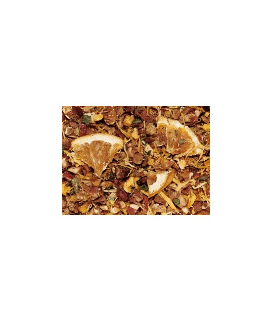 trozos de manzana, rodajas de naranja, aroma natural, pedacitos de mandarina/naranja liofilizada, hojas de calendula, hojas de 