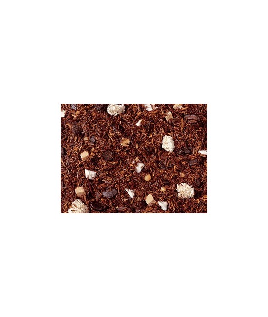 té Rooibos, plaquitas de chocolate (ázucar, grano de cacao molido con manteca de cacao, polvo de cacao, emulsionanate: soja-lec