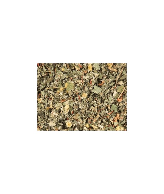 trozos de manzana, hojas de menta, hojas de frambuesa, hojas de zarzamora, hojas de malva, hojas de grosella negra, flor de ant