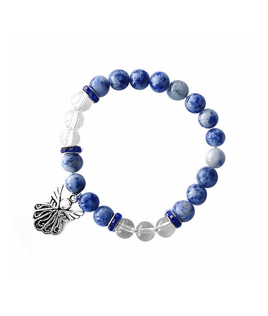 Pulsera de Sodalita y Cristal de Roca en bola de 8 mm. con amuleto colgante metálico en forma de ángel y detalles de circonitas