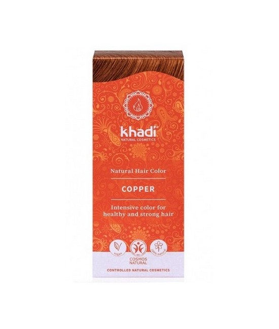 Tinte natural Khadi Cobre, da un brillante tono cobrizo dorado, puente entre el rubio y el rojizo.

Formulaciones ayurvedas a