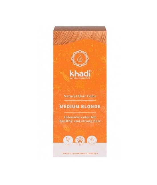 Tinte natural Khadi que proporciona un tono rubio medio al cabello.

Formulaciones ayurvedas de larga permanencia para un pel
