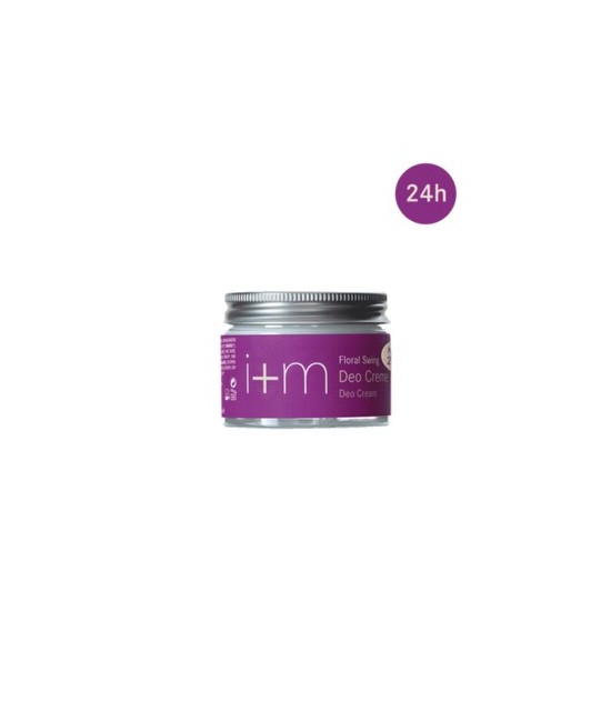La crema desodorante Floral, en frasco de vidrio ecológico, desodoriza suave y eficamente con una composición de aceite de coco