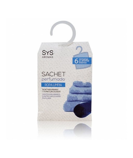 El Sachet Perfumado sys 12 g. Ropa Limpia  perfuma con intensidad, durante 6 semanas, armarios y cajones.

Únicamente colocan