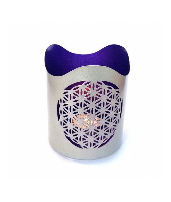 Portavelas metálico.

Medida: Ø10 cm. x 12 cm. alto

Color interior: Lila

Color Exterior: Plateado