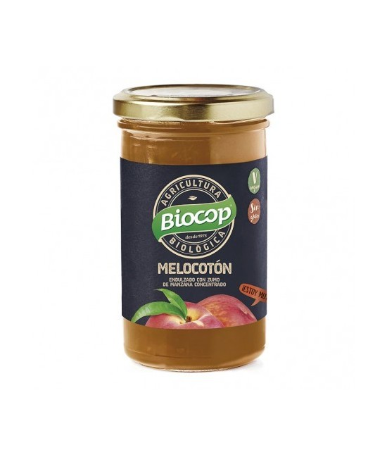 Compota de melocotón. Elaborada con melocotones maduros mediante cocción mínima para garantizar todo el sabor y aroma de la fru