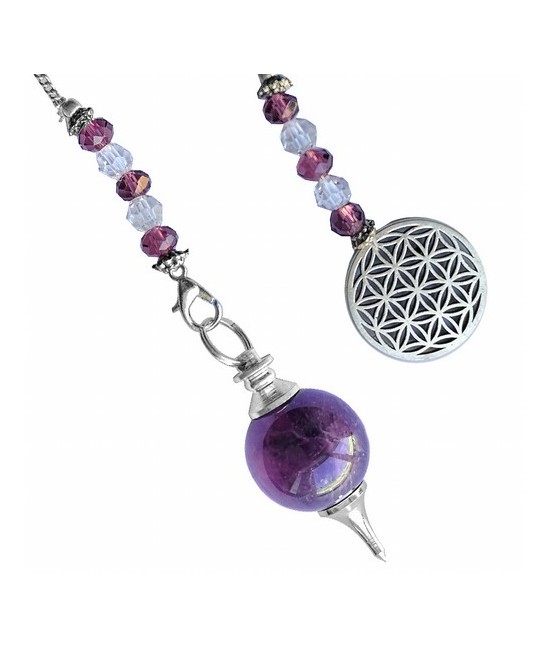 Péndulo bola de Amatista y terminación con símbolo de la flor de la vida en acero.

Cadena en acero con detalles blancos y mo