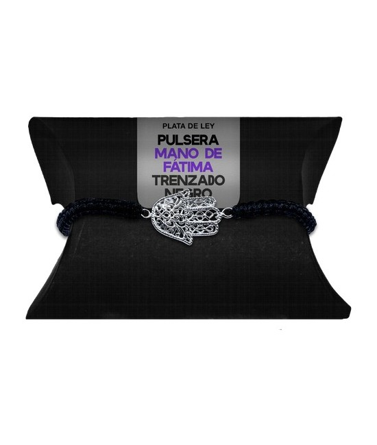 TRI.PULSERA MANO FATIMA PLATA TRENZADO NEGRO
