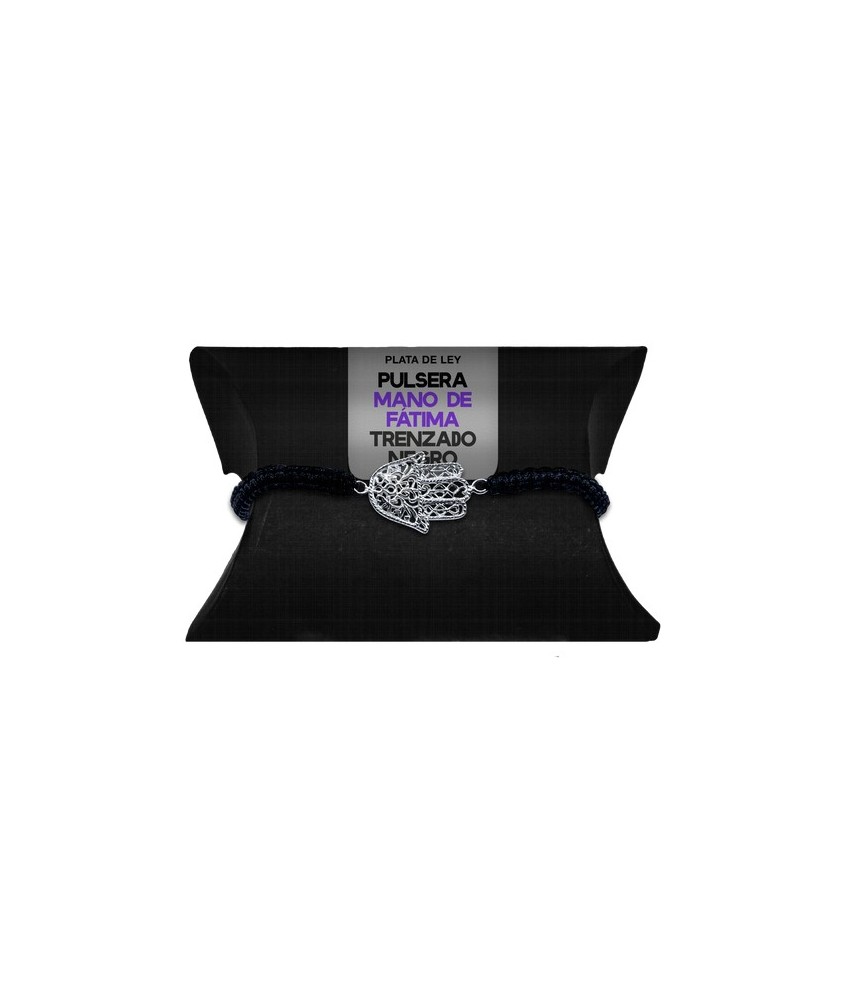 TRI.PULSERA MANO FATIMA PLATA TRENZADO NEGRO