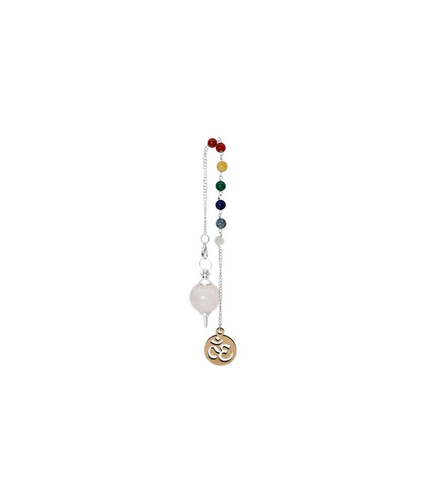 TRI.PENDULO ESFERA CUARZO ROSA CADENA CHAKRAS OM