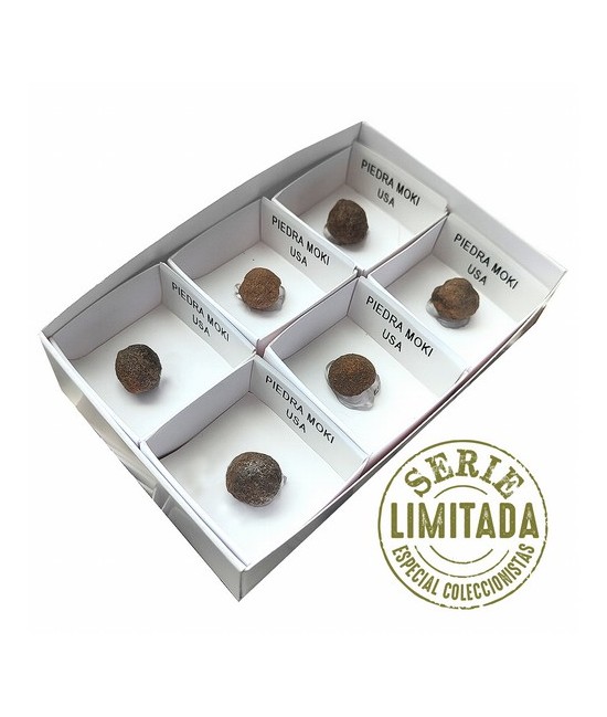 Piedra Moki (USA) en cajita de 4x4.
Esferas de arenisca recubiertas de pirita y hematite descubiertas por los indios Moki de U