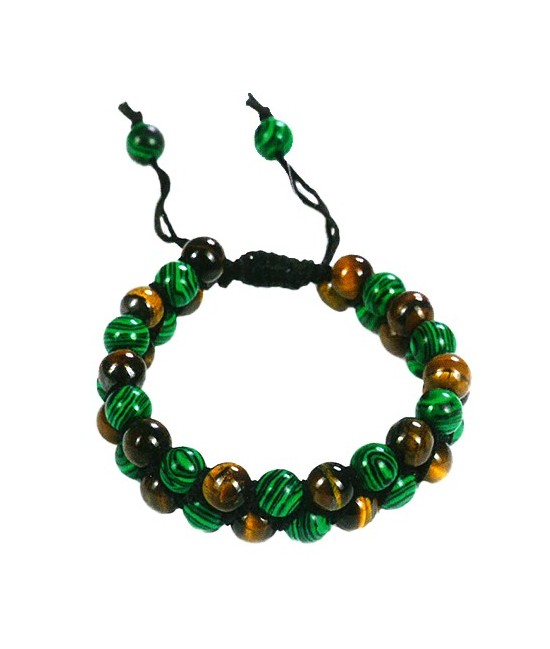 TRI.PULSERA DOBLE MALAQUITA OJO TIGRE BOLA 8 MM.