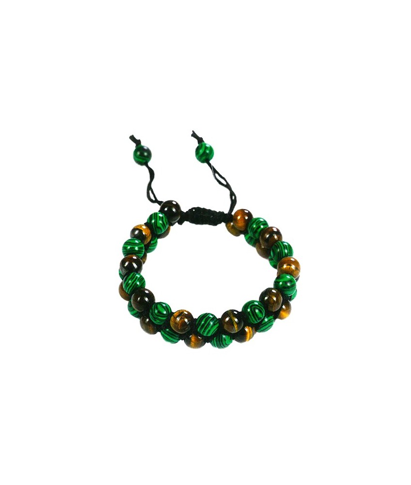 TRI.PULSERA DOBLE MALAQUITA OJO TIGRE BOLA 8 MM.