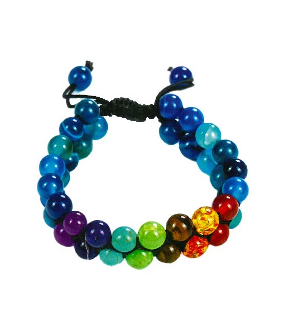 TRI.PULSERA DOBLE ONIX AZUL 7 CHAKRAS BOLA 8 MM.