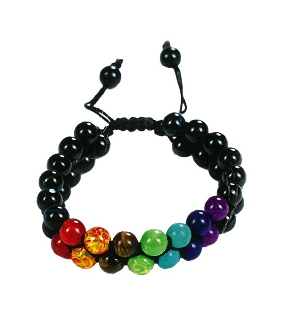 TRI.PULSERA DOBLE ONIX NEGRO 7 CHAKRAS BOLA 8 MM.