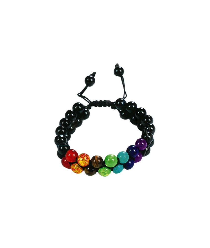TRI.PULSERA DOBLE ONIX NEGRO 7 CHAKRAS BOLA 8 MM.