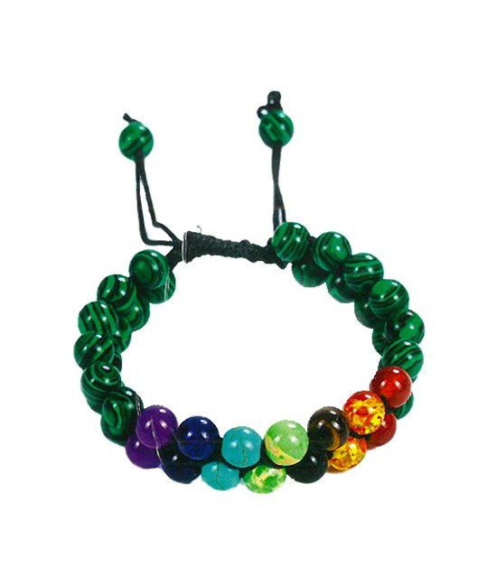 TRI.PULSERA DOBLE MALAQUITA 7 CHAKRAS BOLA 8 MM.